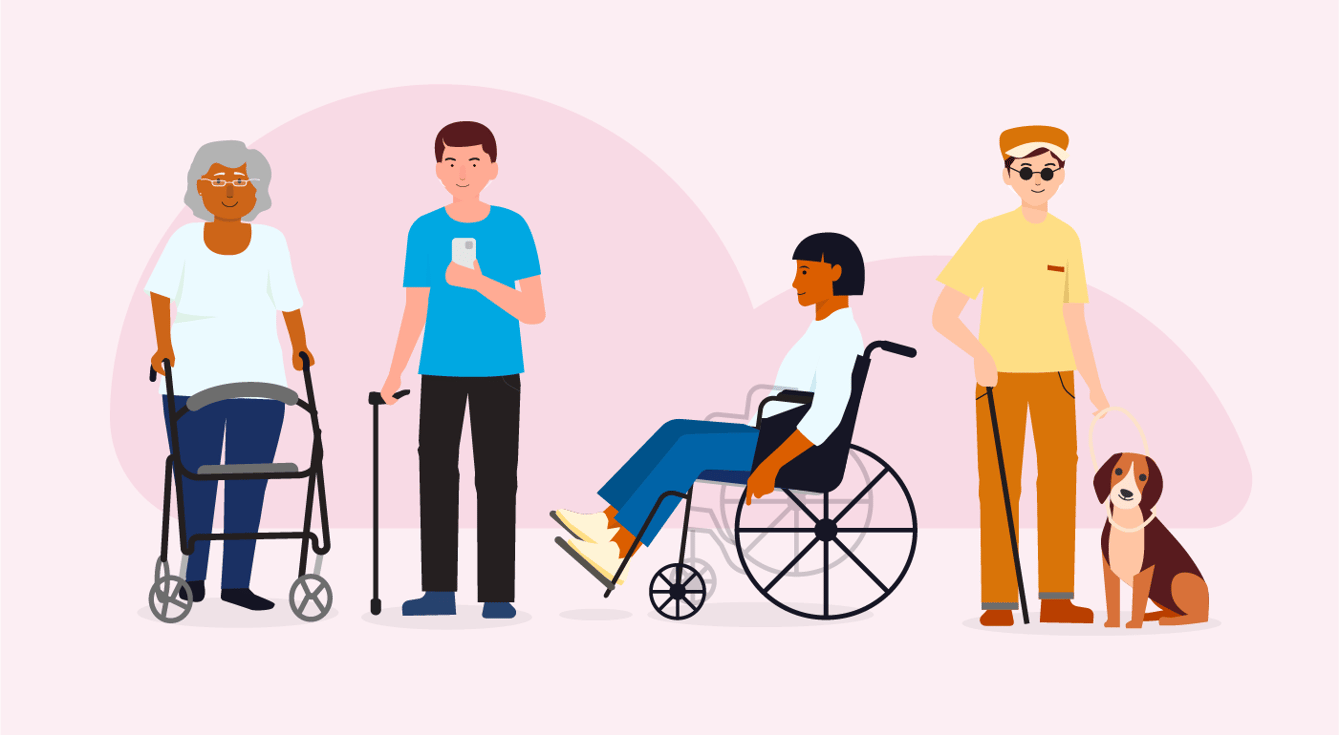A group of people with disabilities wait for paratransit rides. One passenger holds a phone, having just booked a trip with a mobile app.